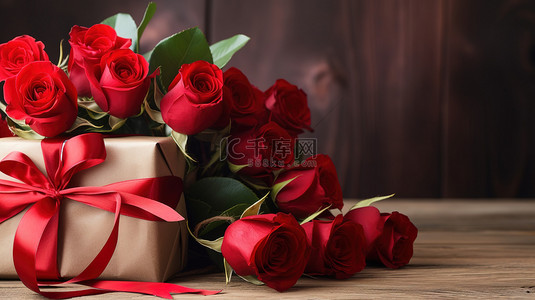 礼物丝带礼物背景图片_红玫瑰和木桌上的丝带礼物素材