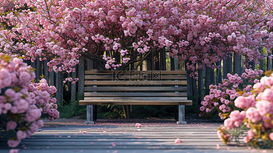 樱花树下的木椅子背景图片