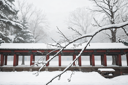 下雪梅花摄影照片_寒冷冬季庭院树木积雪图4照片