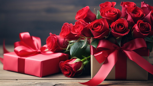红玫瑰和木桌上的丝带礼物素材