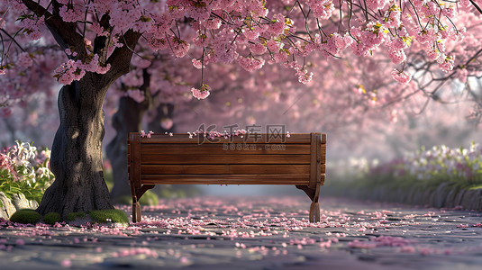 樱花树下的木椅子图片