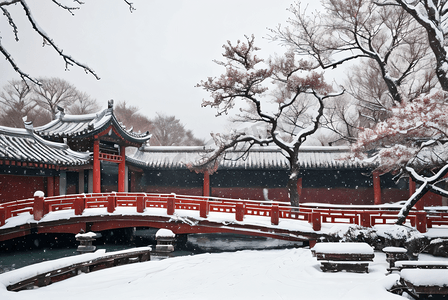 下雪梅花摄影照片_寒冷冬季庭院里的积雪摄影照片6