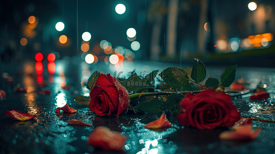 下雨图片背景图片_雨天地上的玫瑰花背景图片