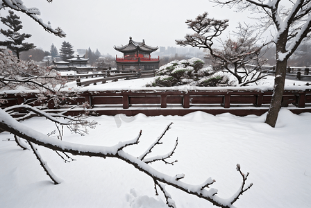 下雪梅花摄影照片_冬天庭院积雪摄影图7