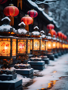 古城春节装饰的灯笼背景