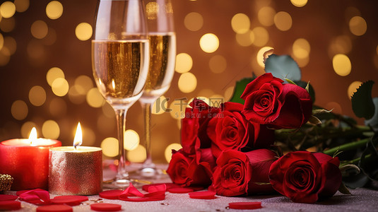 香槟玫瑰背景图片_玫瑰和香槟庆祝情人节背景图
