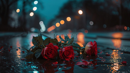 下雨的图片背景图片_雨天地上的玫瑰花背景图片