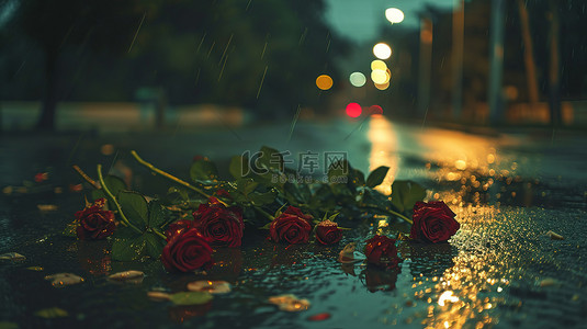 雨天地上的玫瑰花素材