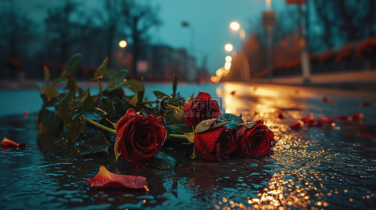 雨天地上的玫瑰花背景图片