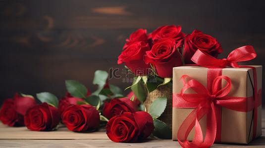 礼物丝带礼物背景图片_红玫瑰和木桌上的丝带礼物素材