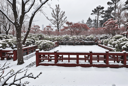 寒冷冬季庭院里的积雪摄影照片4