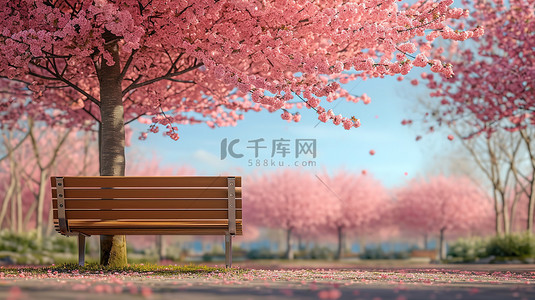 粉色的樱花树背景图片_樱花树下的木椅子背景图