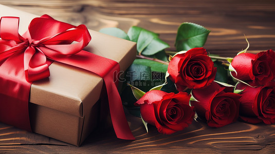 红玫瑰和木桌上的丝带礼物设计图