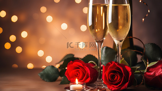玫瑰和香槟庆祝情人节背景素材