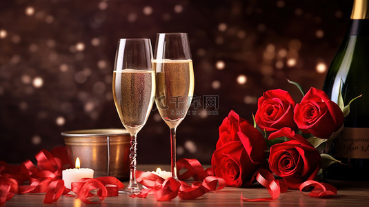 庆祝情人节背景图片_玫瑰和香槟庆祝情人节背景图
