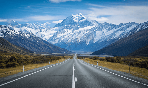 风景马路摄影照片_雪山下的公路新西兰自驾风光