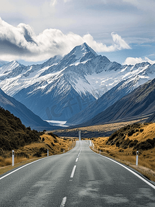 风景马路摄影照片_雪山下的公路新西兰自驾风光