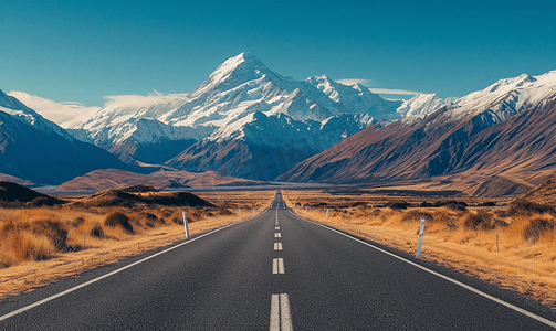 风景马路摄影照片_雪山下的公路新西兰自驾风光