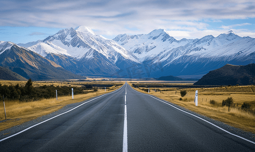 海外摄影照片_雪山下的公路新西兰自驾风光