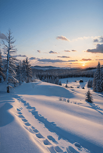 冬日夕阳照射下厚厚的积雪图高清摄影图