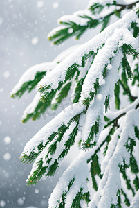 冬季嫩绿色的松枝上面积着厚厚的雪图片1