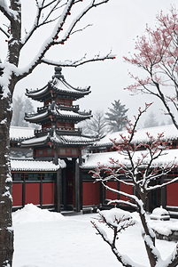 中式庭院厚厚的积雪摄影图6