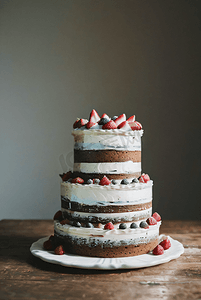 草莓蓝莓摄影照片_一个奶油生日蛋糕摄影照片