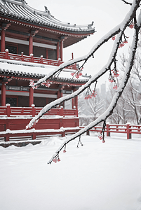 中式庭院户外树木积雪图6摄影图