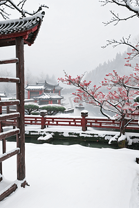 中式庭院厚厚积雪摄影图