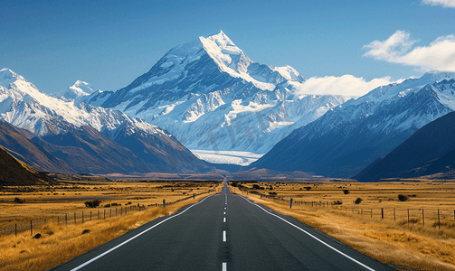 公路自驾摄影照片_雪山下的公路新西兰自驾风光
