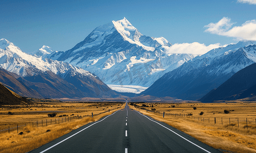 自摄影照片_雪山下的公路新西兰自驾风光