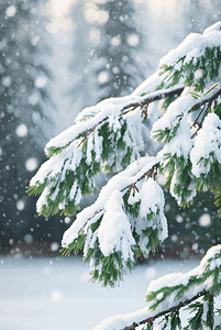 冬季嫩绿色的松枝上面积着厚厚的雪图片2