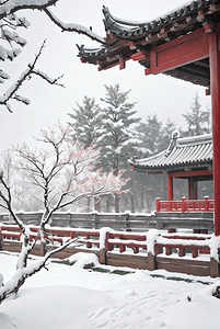 中式庭院户外树木积雪图4图片