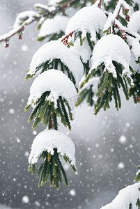 大雪一候摄影照片_冬天积雪松树树枝摄影图