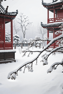 中式庭院户外树木积雪图3高清图片