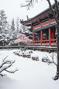 中式庭院冬季户外雪景图4摄影照片