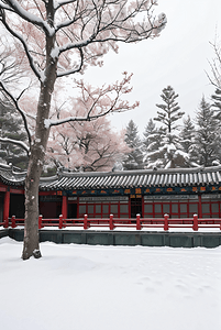 中式梅花摄影照片_寒冷冬季中式庭院景观图3高清图片
