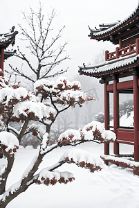 中式梅花摄影照片_中式庭院冬季户外雪景图1高清摄影图