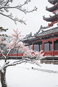 中式庭院厚厚积雪摄影照片0