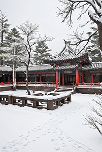 中式庭院冬季户外雪景图9高清图片