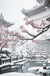 中式梅花摄影照片_中式庭院户外树木积雪图9高清图片
