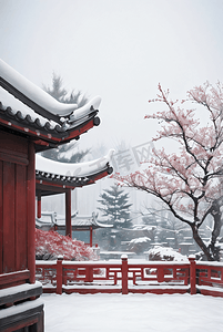 中式梅花摄影照片_冬天中式庭院厚厚积雪摄影图9