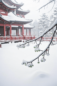 性孔梅花摄影照片_中式庭院厚厚积雪摄影图3