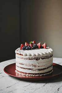 草莓蓝莓摄影照片_一个奶油生日蛋糕摄影照片7