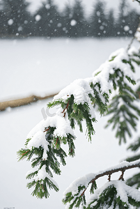 厚厚的雪摄影照片_冬季嫩绿色的松枝上面积着厚厚的雪图片