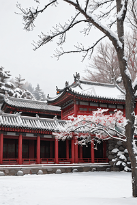 中式庭院厚厚的积雪摄影图