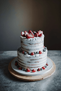 草莓蓝莓摄影照片_一个奶油生日蛋糕摄影配图9