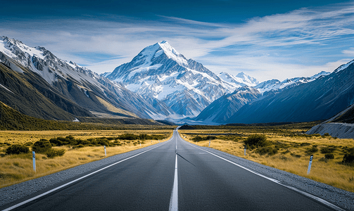 相约新西兰摄影照片_雪山下的公路新西兰自驾风光