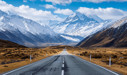 海外专利摄影照片_雪山下的公路新西兰自驾风光