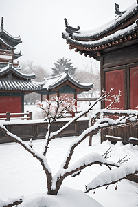 中式庭院厚厚积雪摄影图2